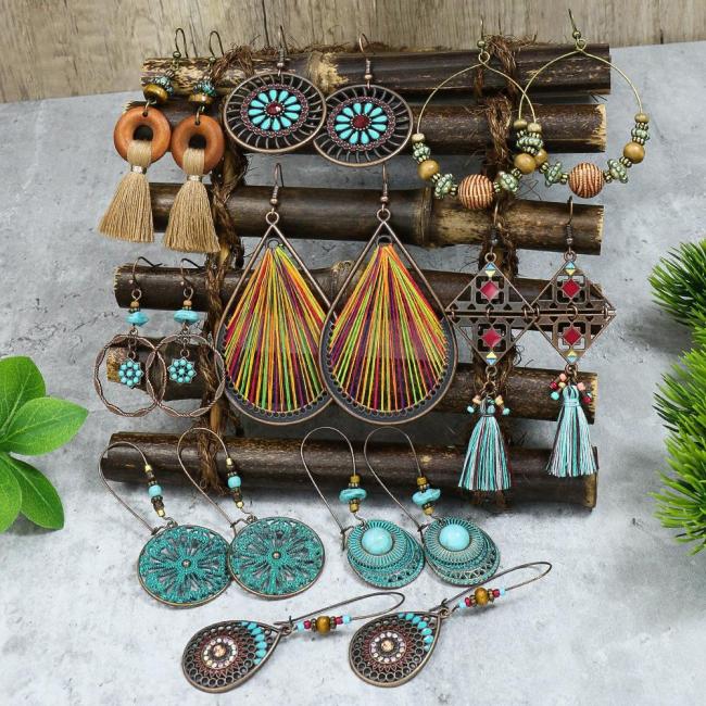 Ethnic Style Water Drop Exaggerated Earrings Vintage Tassel Round Glaze Accessories Cross-Border Hot Selling Amazon Earring Set
