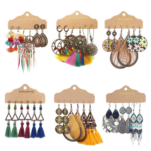 European and American Cross-Border Retro Ethnic Style Long Tassel Earrings Handmade Wrapped Bohemian Flower Drop Earrings for Women