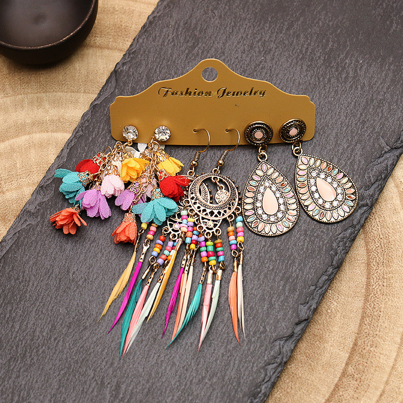 New Earrings Multi-piece Set Cross-border Hot Selling European and American Accessories Bohemian Style Tassel Flower Earrings Wholesale