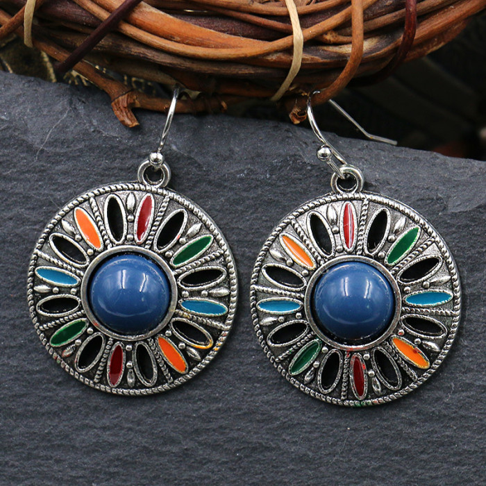 Bohemian Stylish round Pendant Earrings European and American Fashion Drop Oil Earrings Personality Cross-Border Exaggerated Jewelry Wholesale
