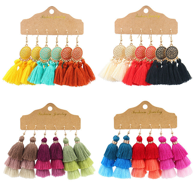 Bohemian Tassel Earrings for Women, Cross-Border Fashion Ethnic Style Earrings, Multi-Color Patchwork Set Combination