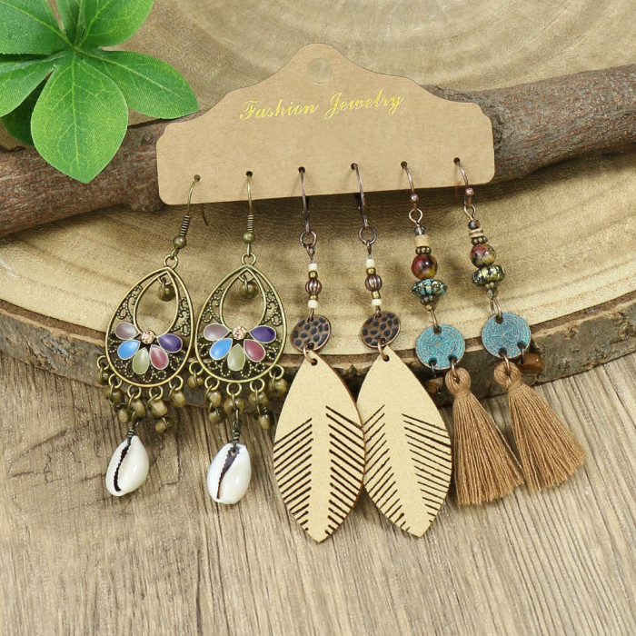 Vintage Earrings Bohemian Large Circle Leaf Long Tassel Earrings Distressed Earrings Set for Women, Jewelry Sets