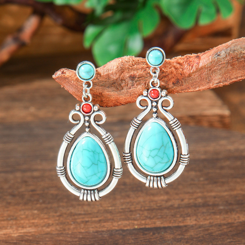 New Fashion Retro Palace Earrings for Women, Unique Turquoise Accessories, Creative Water Drop Alloy Earrings, Wholesale Jewelry
