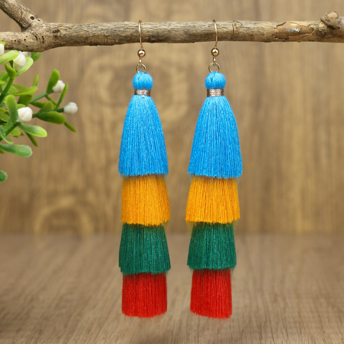 Ethnic Style Long Color-blocking Earrings for Women Bohemian Personality Multi-layer Tassel Earrings Wholesale