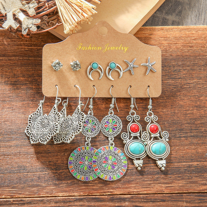 Fashion Bohemian Style Vintage Silver Earrings Set Unique Ethnic Style Turquoise Earrings, Jewelry Sets