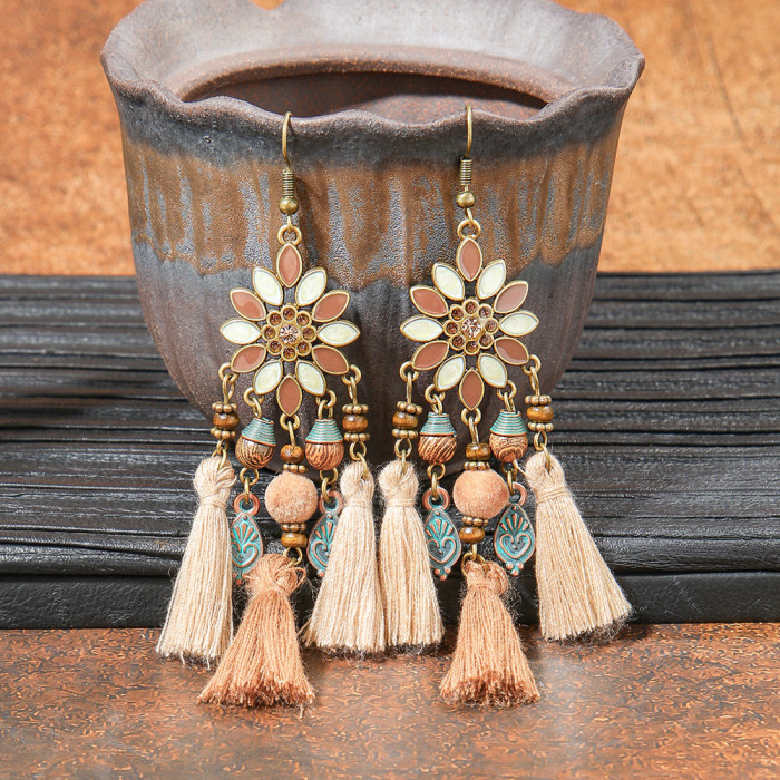 Amazon Cross-Border Jewelry Wholesale Fashion Retro CCB Personality Alloy Geometric Earrings Vacation Style Wooden Drop Earrings
