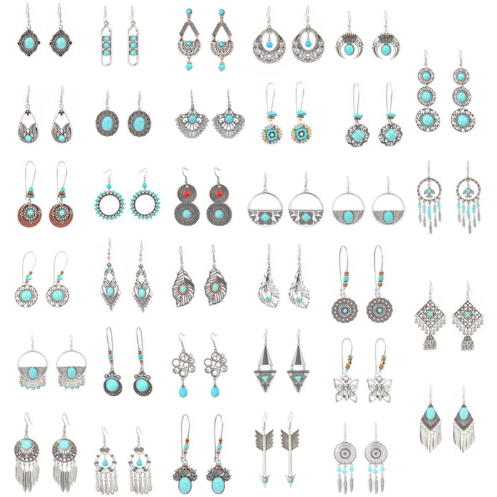 Hot-Selling Turquoise Earring Set Retro Bohemian Style Geometric Tassel Earrings Direct From Manufacturer, Jewelry Sets
