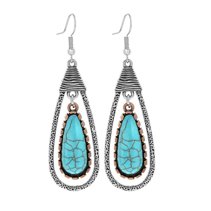 European and American Cross-Border Ethnic Style Earrings Silver Geometric Metal Turquoise Inlaid Tassel Earrings Amazon Ear Jewelry