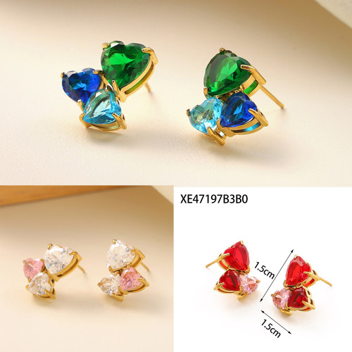 Zircon Heart Earrings High-End Colorful Claw Inlaid Diamond Peach Heart Titanium Steel Powder Cast High-End Light Luxury Color-Block Earrings