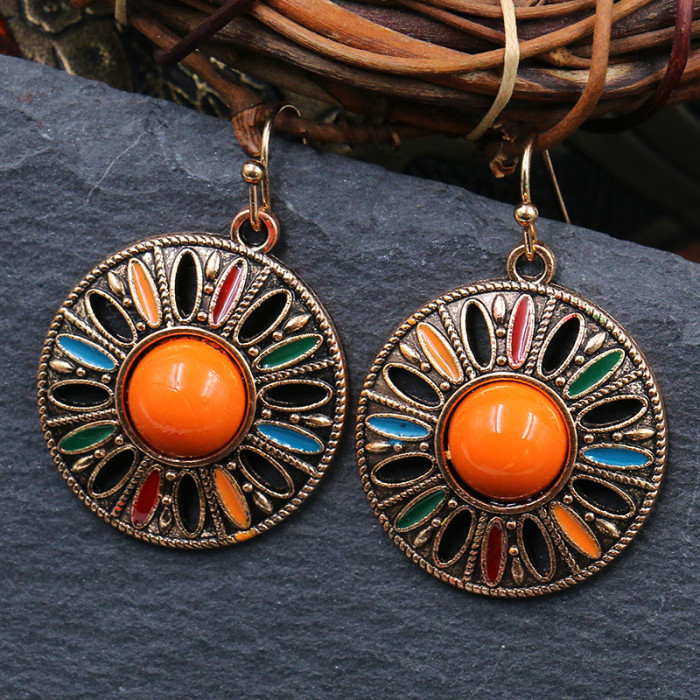 Bohemian Stylish round Pendant Earrings European and American Fashion Drop Oil Earrings Personality Cross-Border Exaggerated Jewelry Wholesale