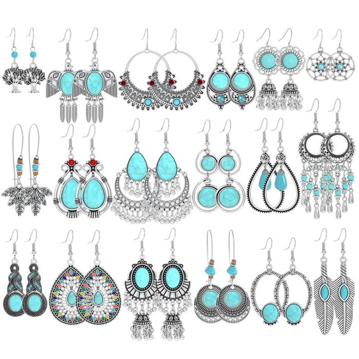 Cross-border European and American New Style Earrings Silver Geometric Metal Turquoise Drop Earrings Bohemian Personality Ear Jewelry Wholesale