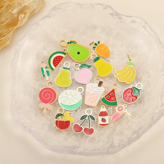 Mini DIY Fruit Pendant Pineapple Strawberry Cherry Apple Watermelon Stainless Steel Pendant Bracelet Necklace Accesso...