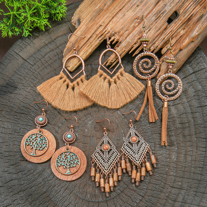 Vintage Coffee Color Earring Set Bohemian Style Fashion Creative Geometric Earrings Versatile Tassel Earrings