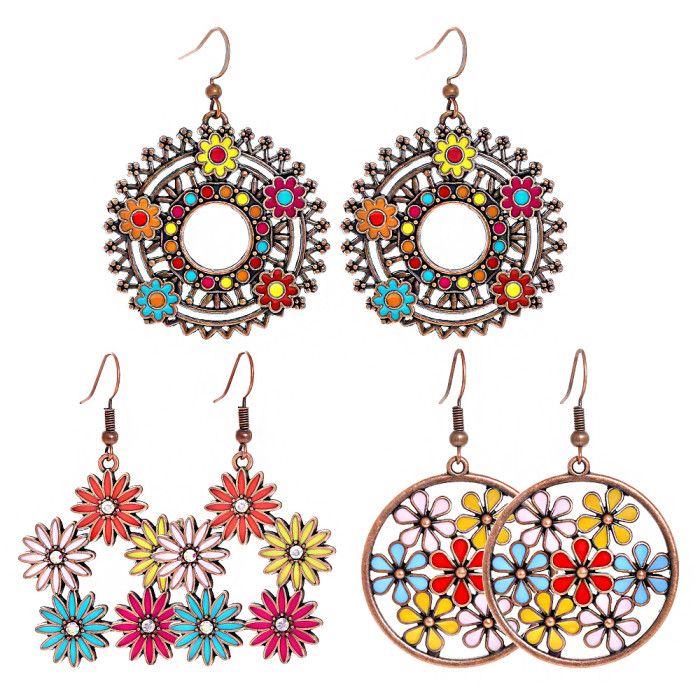 European and American Fashion Round Hollow Alloy Earrings Creative Flower Earrings Bohemian Women's Trendy Jewelry Wholesale