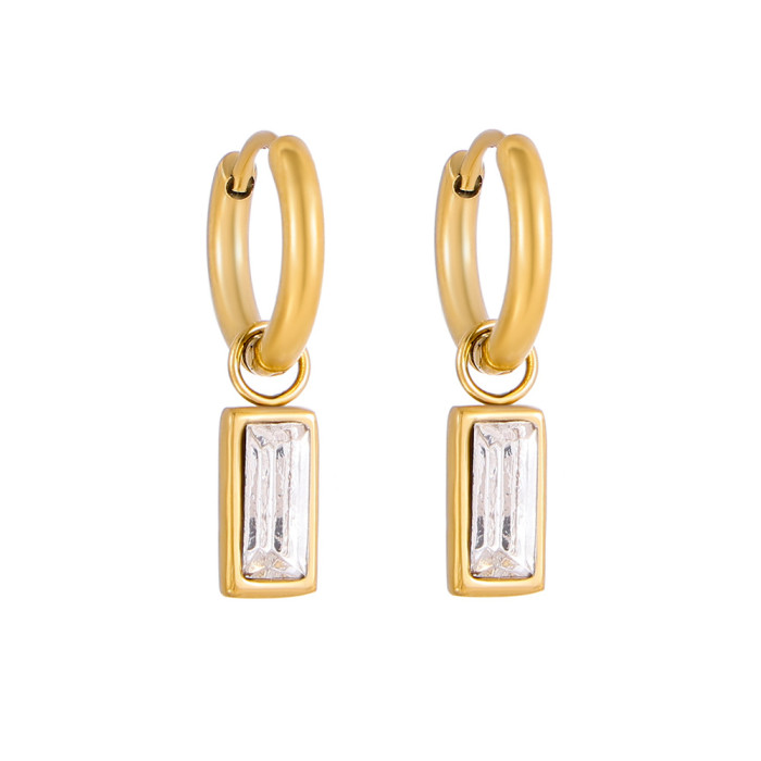 Shiny Emerald Zircon Earrings Rectangular Pendant Titanium Steel Hoop Simple Pendant Earrings for Women Live Streaming