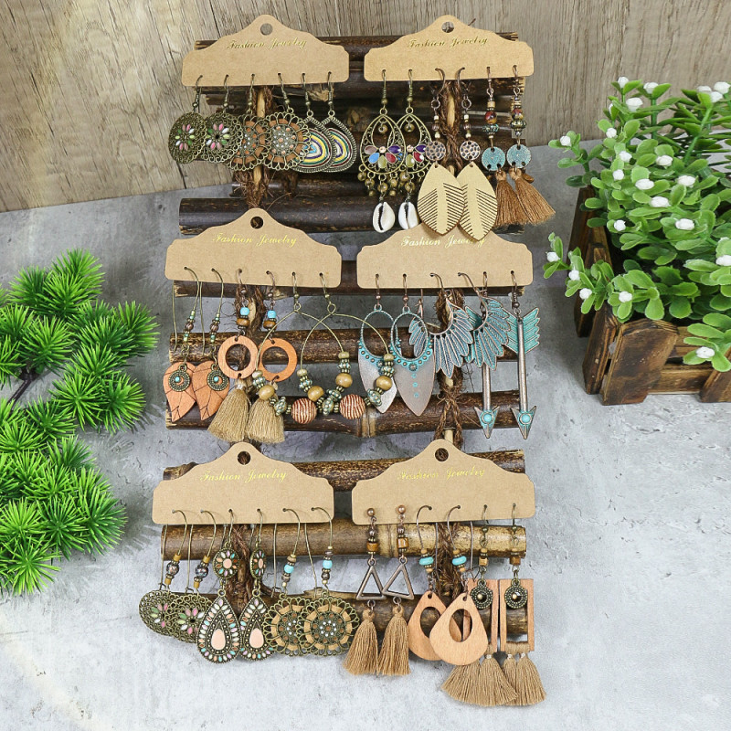 Vintage Earrings European and American Bohemian Large Circle Leaf Long Tassel Earrings Distressed Earrings Cross-Border Set for Women
