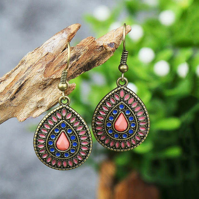 Amazon Cross-Border New Bohemian Style Colorful Oil Drop Earrings for Women Ethnic Style Tassel Earrings Wholesale