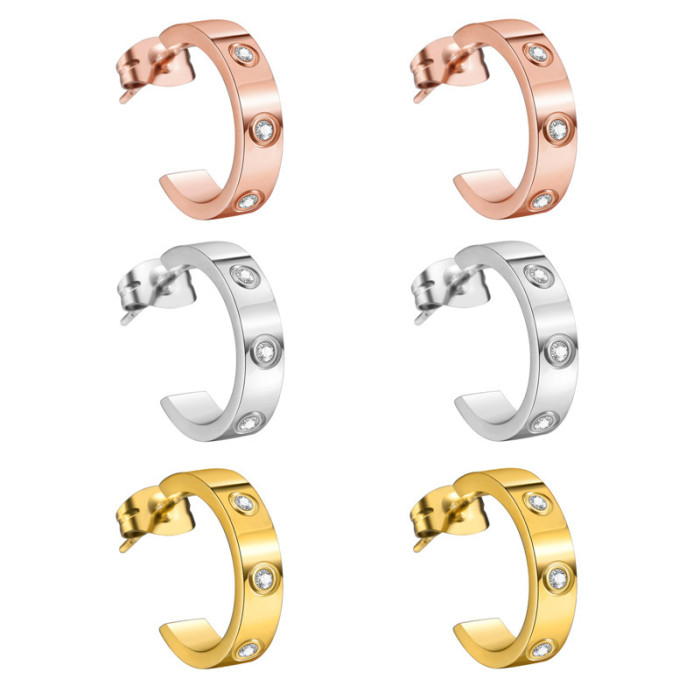 Hot Selling C-Shaped Titanium Steel Earrings Screw Stud Fashion Earrings with Drill Open Daily Tassel Versatile Natio...