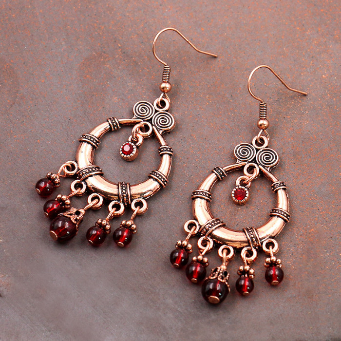 New Retro Red Garnet Earrings for Women Geometric Shape Lucky Earrings Ear Jewelry Round Face Slimming