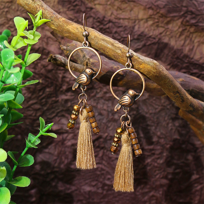 Ethnic Style Wooden Earrings for Women, Vintage Water Drop Shape Handmade Woven Tassel Earrings, New Amazon Cross-Border Ear Accessories