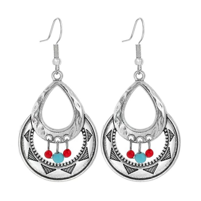 European and American Cross-Border Ethnic Style Earrings Silver Geometric Metal Turquoise Inlaid Tassel Earrings Amazon Ear Jewelry