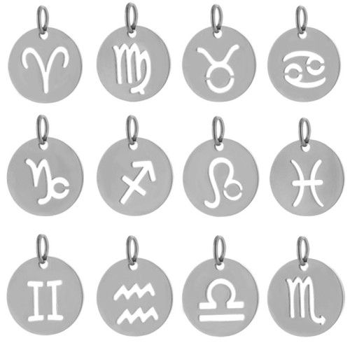 New Cross-Border Stainless Steel 12 Zodiac Hollow Round Pendant DIY Bracelet Necklace Small Charm Accessories Wholesale