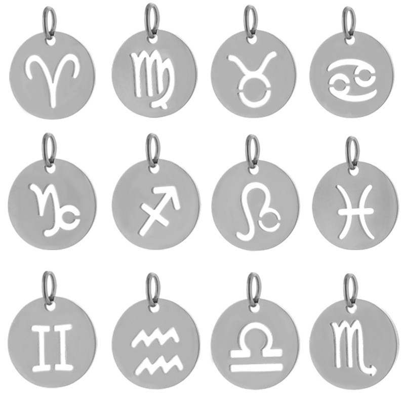 New Cross-Border Stainless Steel 12 Zodiac Hollow Round Pendant DIY Bracelet Necklace Small Charm Accessories Wholesale