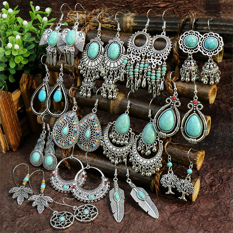 Cross-border European and American New Style Earrings Silver Geometric Metal Turquoise Drop Earrings Bohemian Personality Ear Jewelry Wholesale
