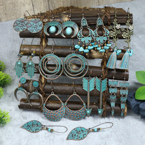 European and American Retro Earrings Geometric Turquoise Tassel Earrings Cross-Border Ethnic Style Earrings Amazon Bestselling Accessories