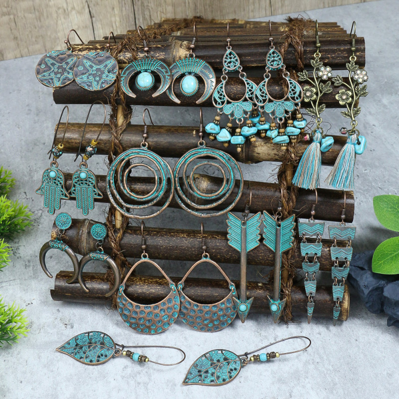 European and American Retro Earrings Geometric Turquoise Tassel Earrings Cross-Border Ethnic Style Earrings Amazon Bestselling Accessories
