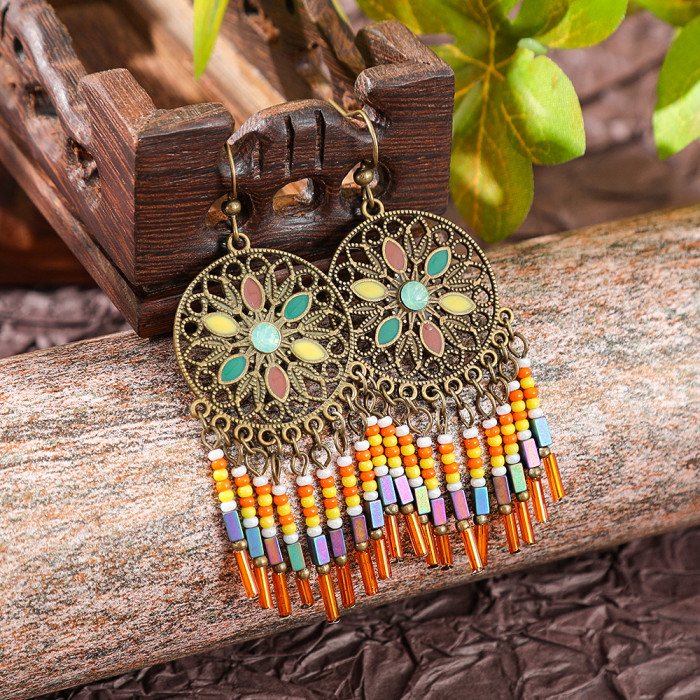 Bohemian Ethnic Style Retro Fashion Earrings for Women Flower Tassel Elegant Earrings Versatile Accessories