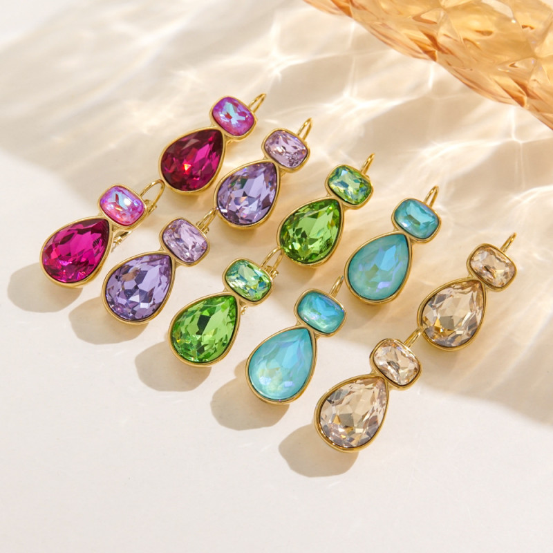 Cross-Border European and American Hot-Selling Fashion Water Drop Geometric Design High-End Feel Women's Titanium Steel Colorful Zircon Earrings Jewelry