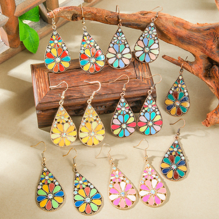 Bohemian Water Drop Earrings with Rhinestones Vintage Distressed Multicolor Sunflower Earrings Wholesale