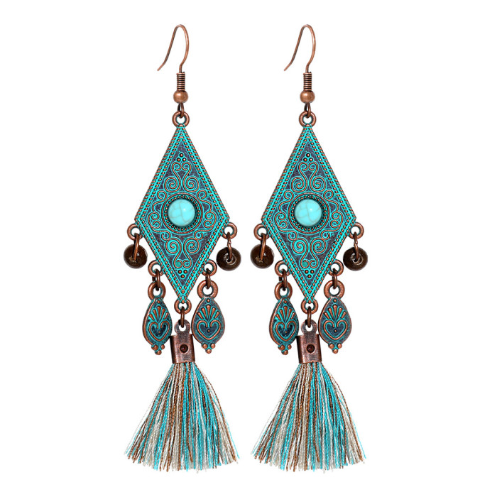Cross-Border Source Vintage Handmade Tassel Earrings Rhombus Alloy Simple Fashion Turquoise Earrings Wholesale Long Style
