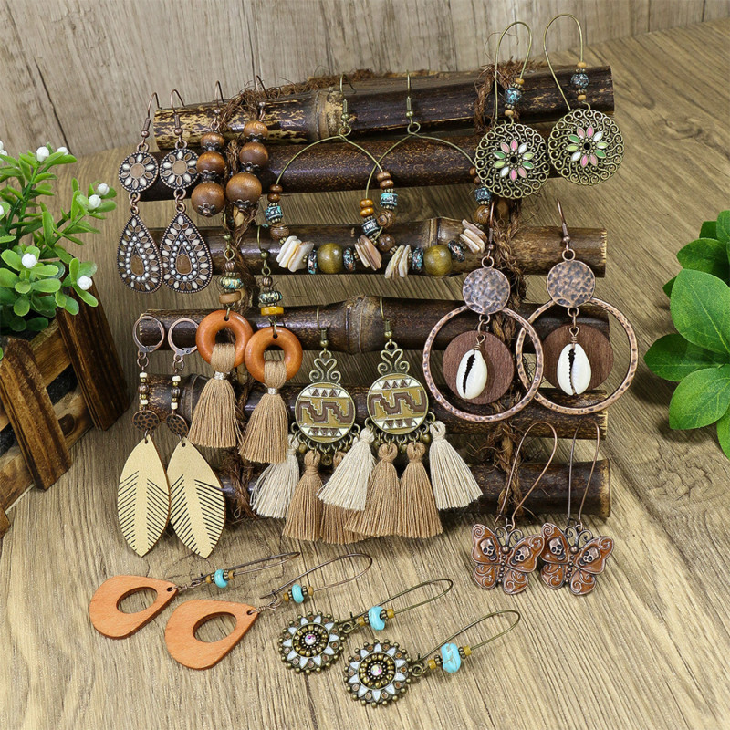 Cross-Border Vintage Tassel Earrings Ethnic Style Round Hollow Large Hoop Shell Wood Accessories Amazon Hot-Selling Ear Jewelry