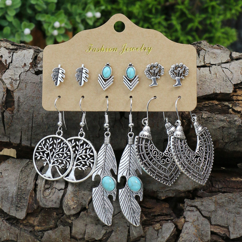 Amazon European and American Earrings Simple Fashion Heart Owl Earrings 6-Piece Set Ear Studs Vintage Ethnic Style Earrings