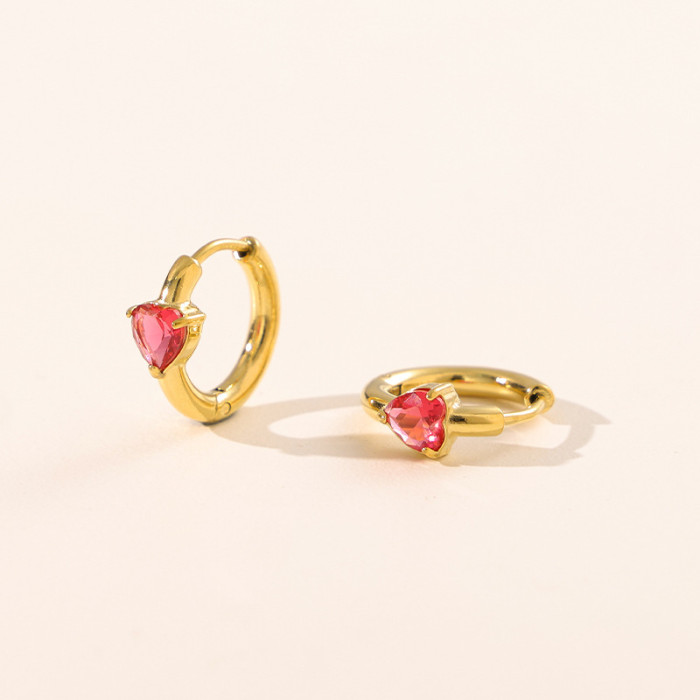 Cross-Border New Colorful Heart Round Triangle Zircon Earrings Titanium Steel Vacuum Plating Hoop Earrings High-End Gemstone