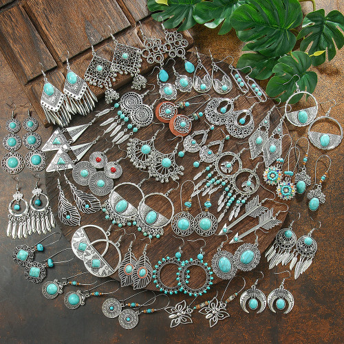 Cross-Border Hot-Selling Turquoise Earring Set Retro Bohemian Style Geometric Tassel Earrings Direct from Manufacturer