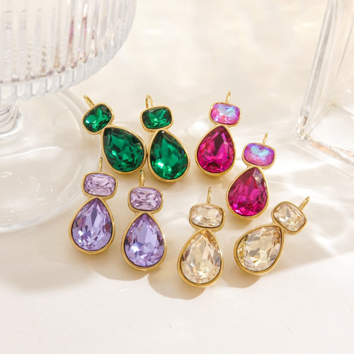 Cross-Border European and American Hot-Selling Fashion Water Drop Geometric Design High-End Feel Women's Titanium Steel Colorful Zircon Earrings Jewelry