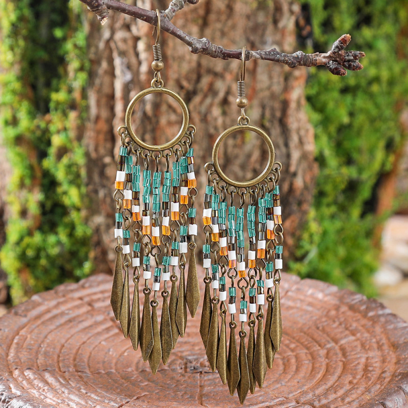 Cross-border European and American Ethnic Style Exaggerated Retro Earrings Bohemian Rice Bead Tassel Earrings Amazon Wholesale