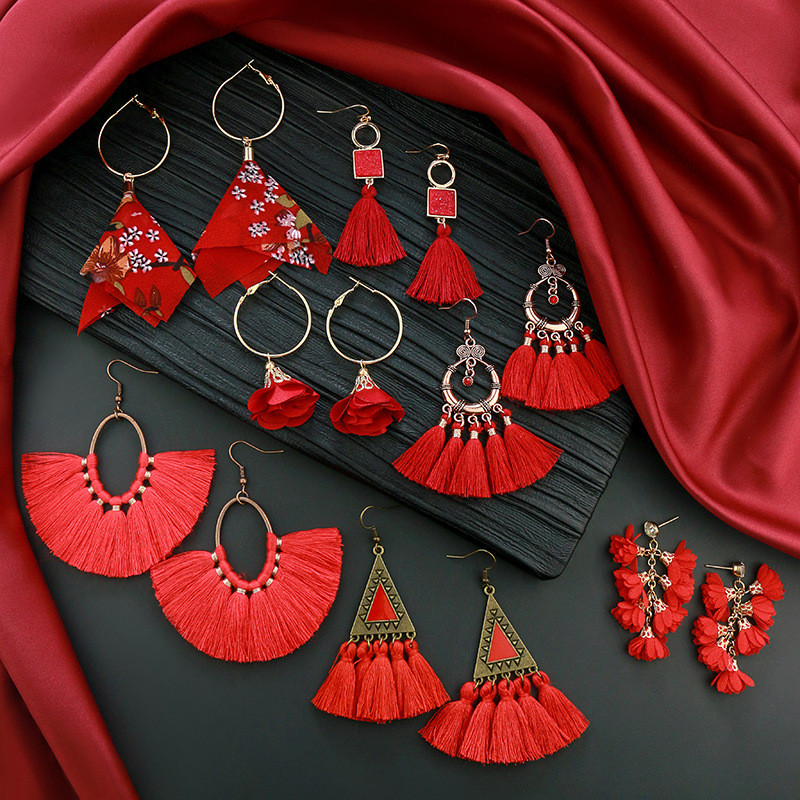 Red Earrings Chinese Style Tassel Earrings Bohemian Ethnic Style New Year Earrings New Year Bride Earrings