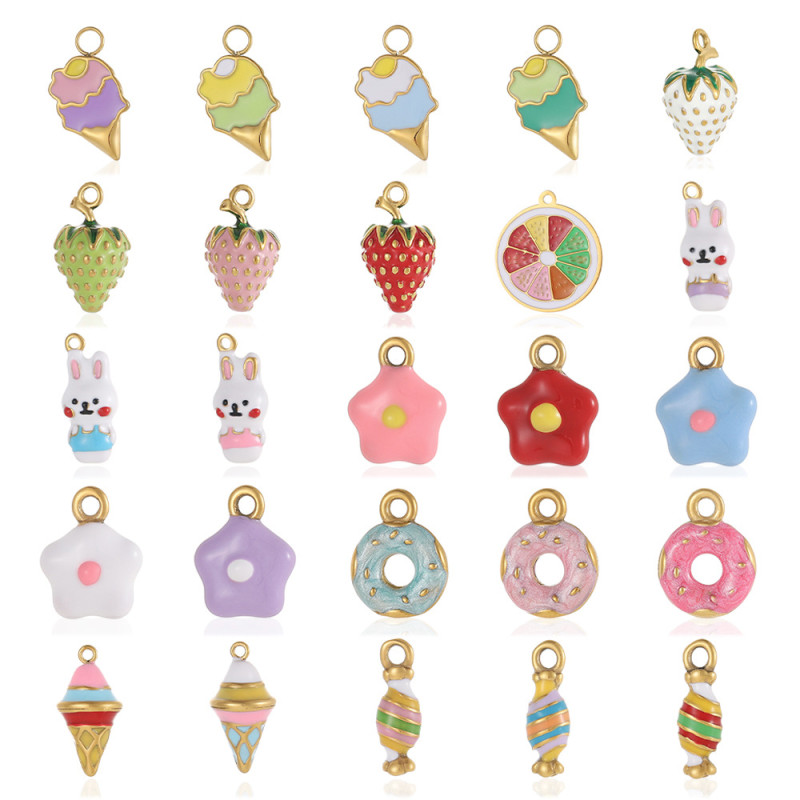 European and American Stainless Steel DIY Fruit Strawberry Ice Cream 3D Pendant Necklace Vacuum Plated Accessories Jewelry Wholesale