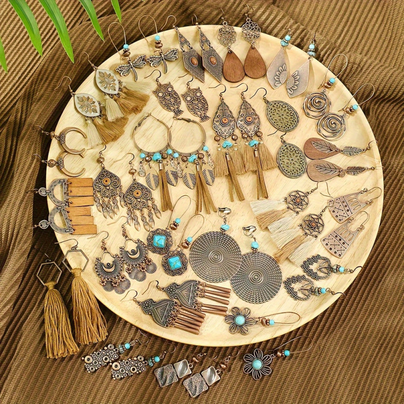 Vintage Ethnic Style Personality Creative Coffee Color Earrings Travel Vacation Style Design Sense Turquoise Tassel Geometric Earrings