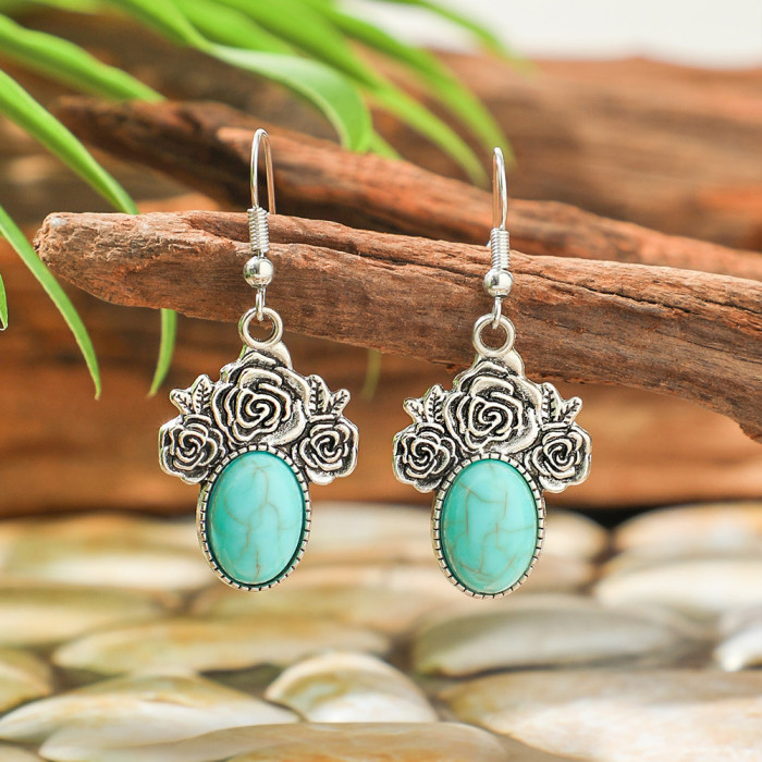 New Hot Selling Bohemian Style Turquoise Earrings Vintage Creative Personality Alloy Texture Earrings Wholesale