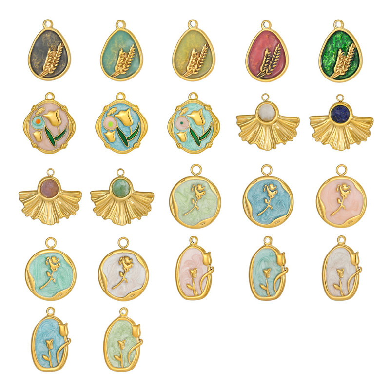 Cross-Border Blue-Green Series Oil Painting Style Heart Flower DIY Round Earrings Bracelet Necklace Jewelry Accessories Wholesale