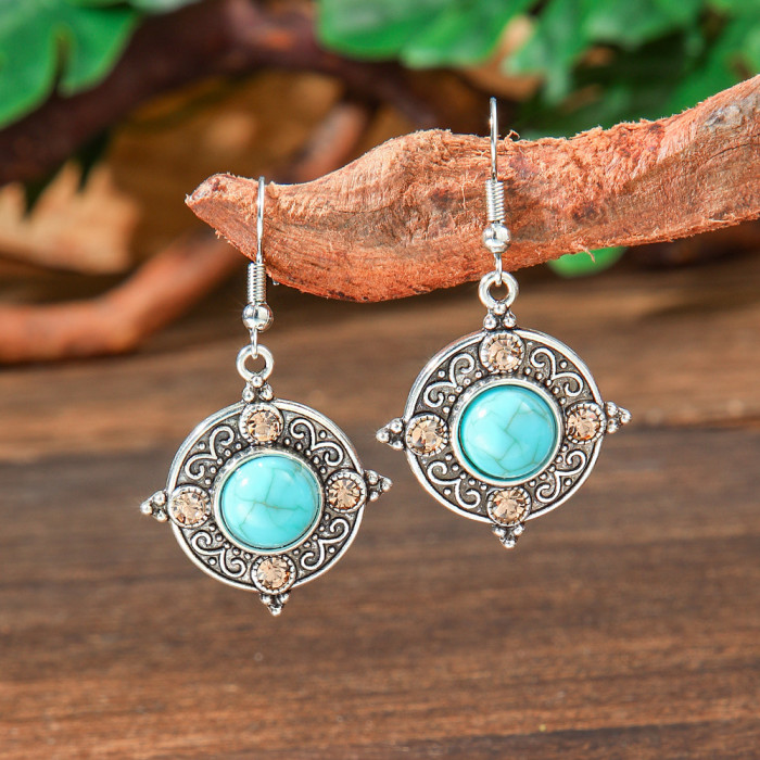 New Hot Selling Bohemian Style Turquoise Earrings Vintage Creative Personality Alloy Texture Earrings Wholesale