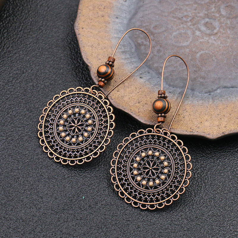 Cross-Border Amazon Hot-Selling Earrings European and American Retro Fashion Round Flower Rhinestone Wooden Bead Ethnic Style Drop Earrings