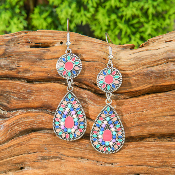 Cross-Border European and American Fashion Hollow Alloy Earrings Set Vintage Colorful Earrings with Rhinestone Flower Accessories Combination