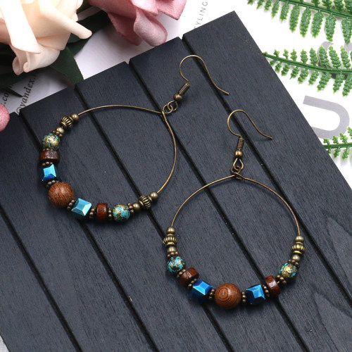 Cross-Border Ethnic Style Large Hoop Metal Earrings for Women, European and American Fashion Round Earrings, Creative Wooden Beads and Turquoise Accessories