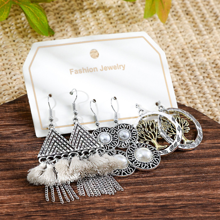 Hot-Selling Bohemian Style Vintage Silver Turquoise Tassel Earrings Personality Versatile Alloy Texture Ear Jewelry